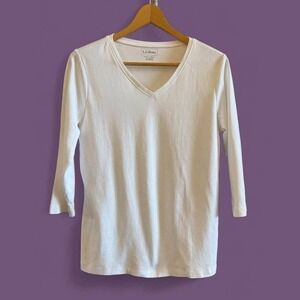 Women's L.L. Bean White‎ 3/4 Sleeve V-Neck Cotton Knit Shirt-Size Small